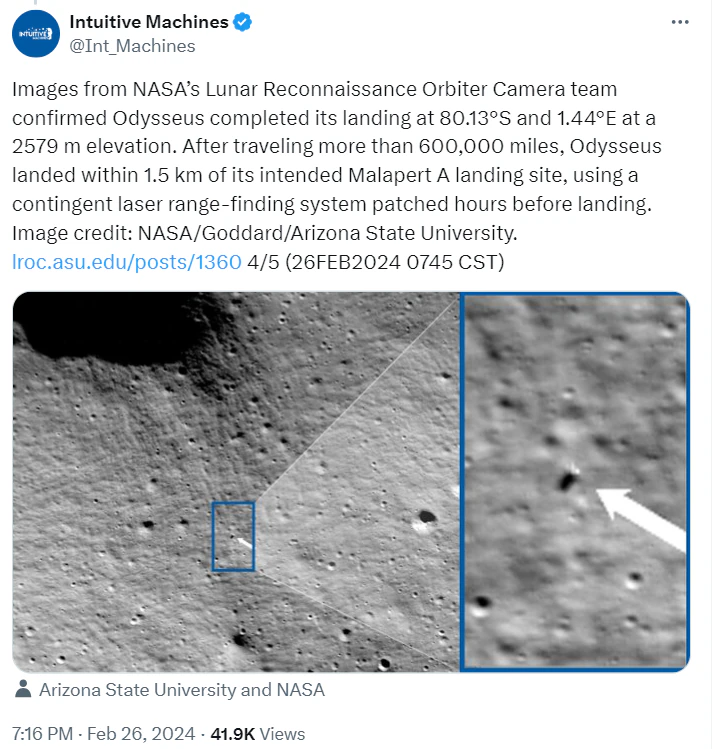 NASA's Lunar Reconnaissance Orbiter Captures Historic Image of Tipped Odysseus Spacecraft on the Moon