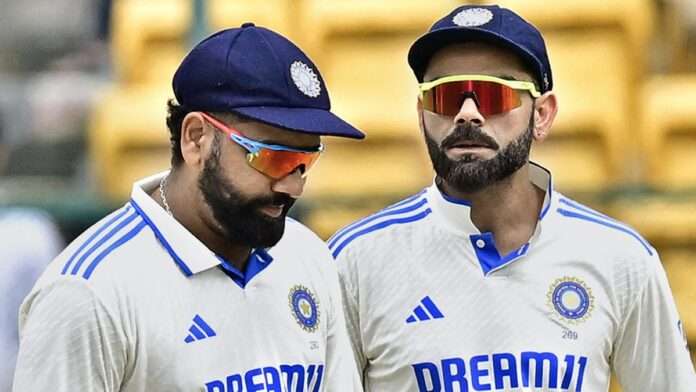 Virat Kohli and Rohit Sharma walking off the field together, signaling their farewell to Test cricket