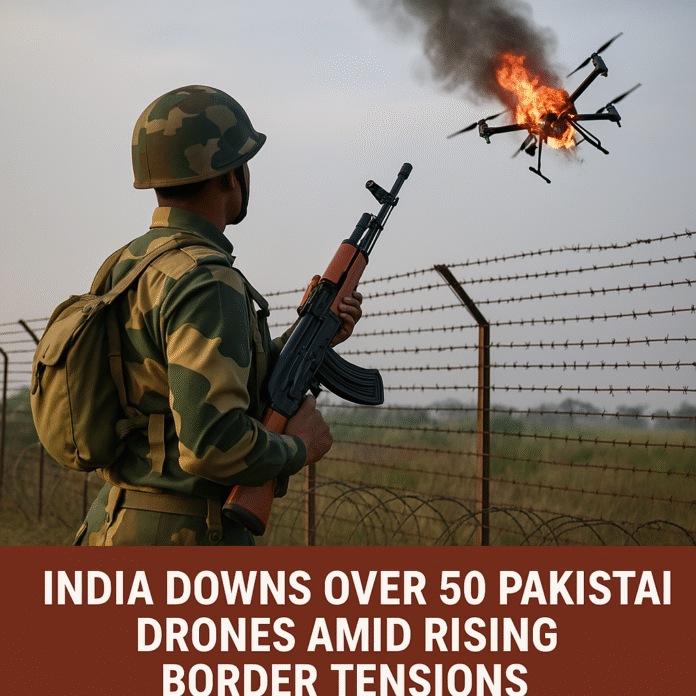 An illustrative depiction of India’s defense actions as it successfully intercepts and downs over 50 Pakistani drones amid escalating border tensions.
