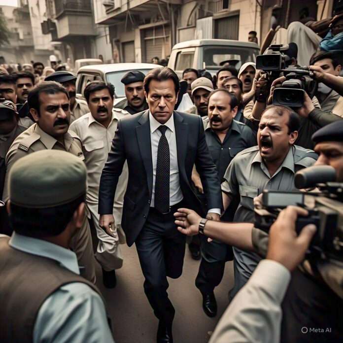 A symbolic representation of former Pakistan Prime Minister Imran Khan’s arrest, capturing the intense political atmosphere and nationwide reactions.